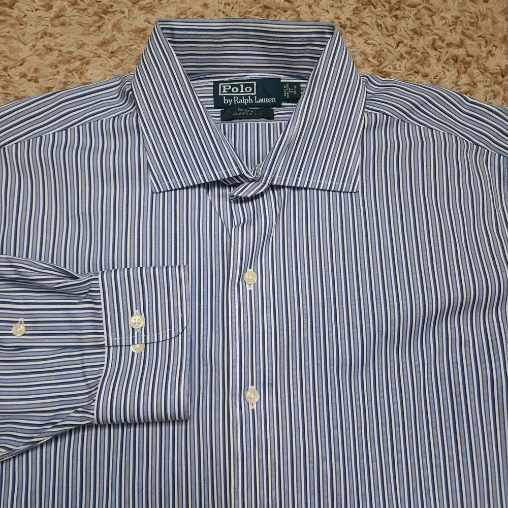 Polo Ralph Lauren Regent Classic Fit Blue Striped‎ Mens 17 34/35 XL  Long Sleeve